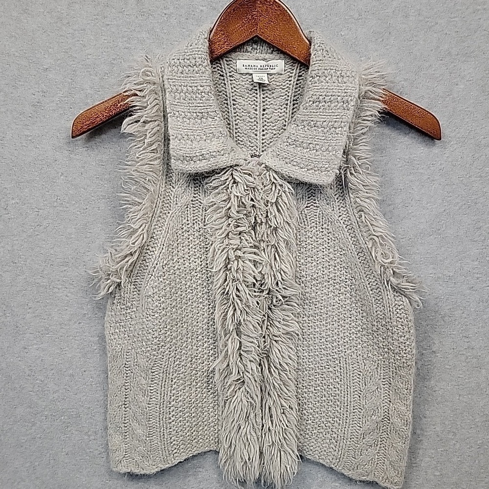 Banana Republic Sweater Vest Light Gray Alpaca Wool Fringe Cable Knit Zip Sz XSP